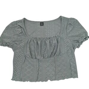 Charming Cottagecore Square Neck Ruched Bust‎ Lettuce Trim Crop Tee Medium Green